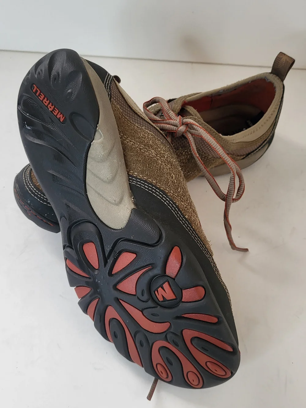 Merrell Women's Brown Suede Lace-Up Trail Loafers with Orange-Trim Laces